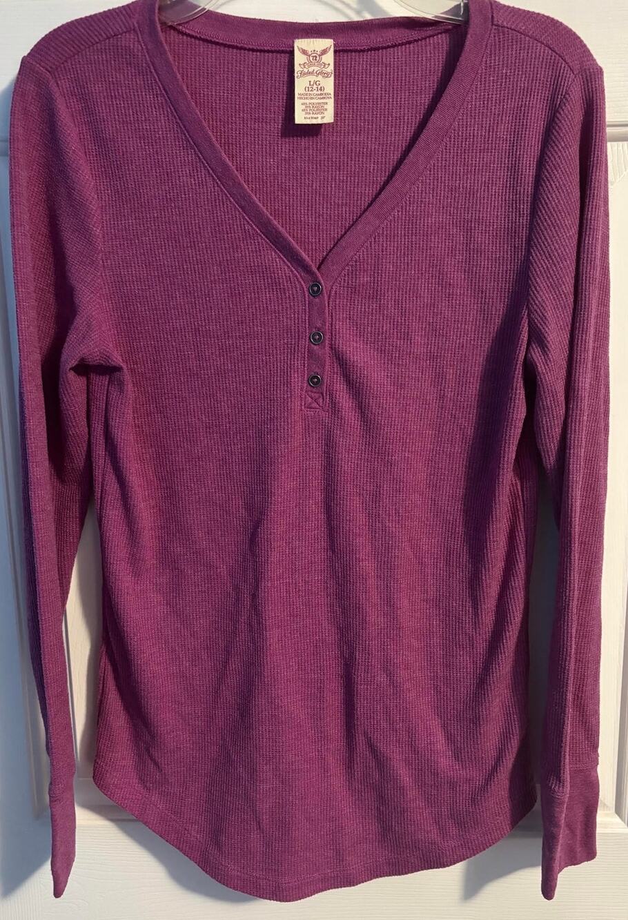 Faded Glory Magenta Thermal Waffle Knit Henley Shirt Womens L 12 14